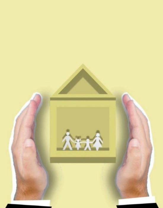 Creative image of cutout faceless person showing vector house image with family members inside